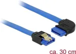 DeLOCK 84990 SATA 6 Gb/s jungiamasis kabelis, tiesus lizdas ir de&scaron;ininis kampinis lizdas, auksinės apkabos, 0,3 m, mėlynas