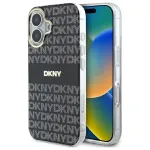 DKNY DKHMP16SHRHSEK Kietas dėklas, skirtas Apple iPhone 16 6,1 colio &ndash; juodas, su pasikartojančios tekstūros ra&scaron;tu ir juostele