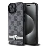 DKNY Leather Checkered Mono Pattern & Printed Stripes dėklas, skirtas iPhone 15/14/13 - juodas