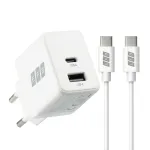 EFB Elektronik G201A1CE 20W GaN USB-C PD3.0 + USB-A QC3.0 sieninis įkroviklis su 2 m USB-C kabeliu, baltas