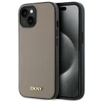 DKNY DKHMP15SPGHLME Hardcase, skirta Apple iPhone 15 6,1 inch, smėlio spalvos, grūdėta tekstūra, metalinis logotipas, MagSafe