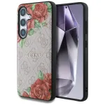 Guess Leather 4G Flowers Print Metal Classic Logo MagSafe Case, Samsung Galaxy S25, rožinė