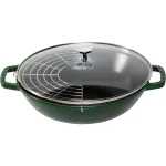 STAUB Wok 30 cm su dangčiu, ketaus, baziliko žalios spalvos