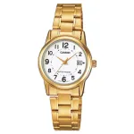 CASIO LTP-V002G-7B Moteri&scaron;kas analoginis kvarcinis laikrodis, 25 mm auksinio atspalvio nerūdijančio plieno korpusas, sidabrinis ciferblatas