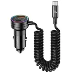 USAMS automobilinis įkroviklis 60W 2xUSB-C 1xUSB-A su spiraliniu kabeliu Fast Charge PD QC juodas CC167CC01