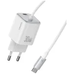 USAMS JC Series CC264 30W GaN mini greitasis įkroviklis, USB-C su įmontuotu USB-C kabeliu, baltas