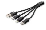 DIGITUS USB įkrovimo laidas USB A &ndash; Lightning + micro B + Type-C M/M/M/M 15 cm 3 in 1 laidas, medvilninis, CE, juodas