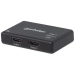 Manhattan 207669 HDMI skirstytuvas, 2 prievadų, 4K@30Hz, 1x HDMI &scaron;altinis į 2x HDMI ekranus, su maitinimo bloku, juodas