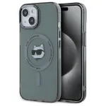 Karl Lagerfeld KLHMP15SHLSCHK Kietas dėklas, skirtas iPhone 15 6,1 colio, juodas, metalinė Choupette galva, MagSafe