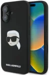 &bdquo;Karl Lagerfeld KLHMP16SSKHPPLK&ldquo; iPhone 16 6,1&ldquo; juodas silikoninis kietas dėklas su Karlo galvos atspaudu ir MagSafe