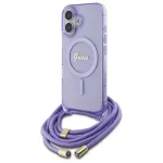 Guess GUHMP16SHCTSGNSU iPhone 16 6,1 colio violetinis kietas dėklas su diržu per petį Script MagSafe