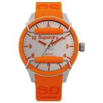 SUPERDRY Vyri&scaron;kas analoginis kvarcinis laikrodis SYG125O 44mm juodas ciferblatas oranžinis silikoninis dirželis