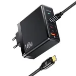 USAMS T52PD140W 140W GaN sieninis įkroviklis su 240W USB-C laidu, 2xUSB-C + 1xUSB-A, PD greitasis įkrovimas, juodas (US-CC168 + US-SJ581) UM Series UMXLOGTC01