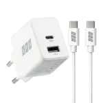 EFB Elektronik G301A1CE 30W GaN USB-C PD3.0 + USB-A QC3.0 sieninis įkroviklis su 2 m USB-C kabeliu, baltas