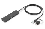 DIGITUS DA-70236 USB 3.0 Slim Line &scaron;akotuvas, 4 prievadai, USB-C adapteris, 1,2 m laidas