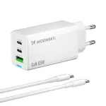 Wozinsky GaN 65W įkroviklis su USB-A ir 2x USB-C prievadais bei USB-C laidu 65W &ndash; baltas