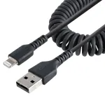StarTech.com 1 m USB į Lightning laidas, MFi sertifikuotas, spiralinis iPhone įkrovimo laidas, juodas, patvarus TPE apvalkalas su aramidiniu pluo&scaron;tu