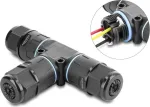 Delock T formos kabelio jungtis, 3 kontaktų, užspaudžiama, IP68, vandeniui atspari, kabelio skersmuo 5&ndash;9 mm, su tarpinėmis 9&ndash;12 mm, be įrankių, juoda (87244)