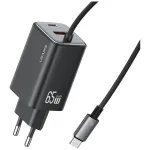 USAMS JC Series CC266 65W GaN Fast Charger su įmontuotu USB-C laidu, juoda