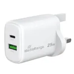MediaRange 25W GaN Fast Charger UK Plug, 1x USB-C & 1x USB-A, PD & QC, White (MRMA112-UK)
