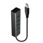 Lindy 43324 USB 3.0 &scaron;akotuvas 4 prievadų, USB 3.2 Gen 1 Type-A, 5 Gbit/s, su integruotu laidu, aliuminis/plastikas, juodas