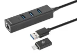 Manhattan USB-C & USB-A jungtis / &scaron;akotuvas, 4 prievadai: Ethernet ir 3x USB-A, 5 Gbps (USB 3.2 Gen1), maitinamas i&scaron; USB