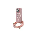 Guess GUHMP16LHCTSGNSP iPhone 16 Pro 6,3 colio rožinis kietas dėklas su diržu per petį Script MagSafe