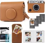 LOVEINSTANT 5-in-1 rinkinys: apsauginis dėklas + grūdintas stiklas + 64 ki&scaron;enių fotoalbumas + fotokrep&scaron;ys + rėmeliai, skirta Fuji Instax Mini Evo, ruda