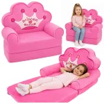 MARKA NIEZDEFINIOWANA Atlo&scaron;iamas fotelis-sofa 2in1 su karūna vaikams, &scaron;velniai rožinis