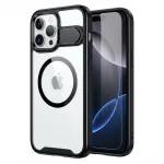 GUAN apsauginis dėklas Apple iPhone 16 Plus su 10H grūdintu stiklu ir atlenkiama kojyte, skaidri nugara su juodu rėmeliu
