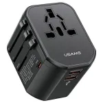 USAMS T59 20W Universal Travel Charger su 2 USB-A ir 1 USB-C prievadais, juodas, keičiami ki&scaron;tukai US/AU/EU/UK