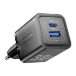 Vention FEQB0-EU GaN 30 W sieninis įkroviklis, 1x USB-C + 1x USB-A, juodas