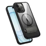 Apsauginis GUAN dėklas iPhone 16 Pro Max &mdash; grūdinto stiklo nugarėlė, integruota kojelė, permatomas juodas