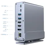 Gembird 15-in-1 USB Type-C kelių prievadų adapteris A-CF-COMBO15-01 &mdash; USB 3.2 Gen 2, 4&times; Type-C, 2&times; HDMI, DisplayPort, PD 3.0, SD kortelių skaitytuvas, Gigabit LAN, 3,5 mm garsas, pilka