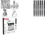 uni-ball PIN Kyoto Fineliner flomasterių rinkinys, 6 pigmentinio ra&scaron;alo flomasteriai (juodi, 0,1&ndash;teptukas), atsparūs vandeniui CF PIN/6 003