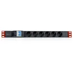 Techly 100471 19 colių 1U PDU maitinimo juosta spintai, 6x Schuko, 250 V/16 A, 3 m kabelis, dvigubas jungiklis, juoda