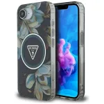 Guess IML Metal Glitter Flowers Triangle MagSafe dėklas, skirtas Apple iPhone 16e (Juodas)