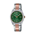 CASIO Moteri&scaron;kas LTP1302PRG3AV analoginis kvarcinis laikrodis 34,5 mm rožinio aukso spalvos nerūdijančio plieno žaliu ciferblatu