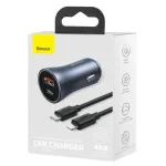 Baseus Golden Contactor Pro Dual Quick Car Charger 40W USB-C + USB-A PD 3.0 QC 4+ SCP FCP AFC su Type-C į Lightning kabeliu 1m Juoda Tamsiai Pilka