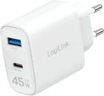 LogiLink 45W GaN USB sieninis įkroviklis, 1x USB-C PD, 1x USB-A QC, baltas, euro ki&scaron;tukas (PA0410)
