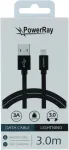 PowerRay USB į Lightning duomenų kabelis 3 m, tekstilinis, juodas PR-DCUL300TBK