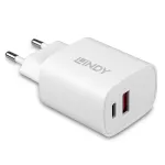 Lindy 73413 USB-A ir USB-C maitinimo adapteris-įkroviklis, 20 W, Power Delivery, 100&ndash;240 V, baltas