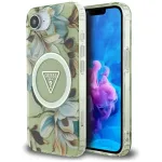 Guess IML Metal Glitter Flowers Triangle MagSafe Back Cover, skirta Apple iPhone 16e, žalia