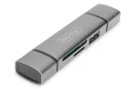 DIGITUS DA-70886 Kortelių skaitytuvas su USB &scaron;akotuvu (USB-C + USB 3.0) 1x SD, 1x MicroSD, 1x USB 3.0, pilka