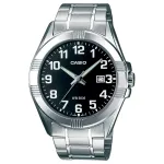 CASIO MTP-1308D-1B Vyri&scaron;kas analoginis kvarcinis laikrodis su nerūdijančio plieno korpusu ir apyranke, juodu ciferblatu, datos rodymu