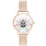 Olivia Burton Women's Wishing Star Watch OB16WL90 30mm rožinio aukso nerūdijančio plieno laikrodis su baltu perlamutro ciferblatu ir pilka odine apyranke