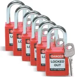 Brady Lockout Safety Pakabinama Spyna, Nailono Korpusas, Plieninis Lankas, Skirtingi Raktai, Raudona, 6 vienetų rinkinys (051339)