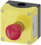 Siemens 3SU18010NE004AB2 (3SU1801-0NE00-4AB2) grindų montavimo korpusas su etikete, 1 raudonas pasukamas mygtukas su atlaisvinimu, juodas
