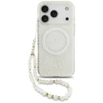 GUESS IML Flowers Allover Electroplated MagSafe dėklas su perlų dirželiu, skirtas iPhone 18 Pro / 17 Pro - baltas
