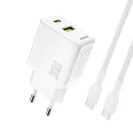 Dudao A27TCEU PD 30W GaN USB-A USB-C sieninis įkroviklis su USB-C kabeliu - Baltas